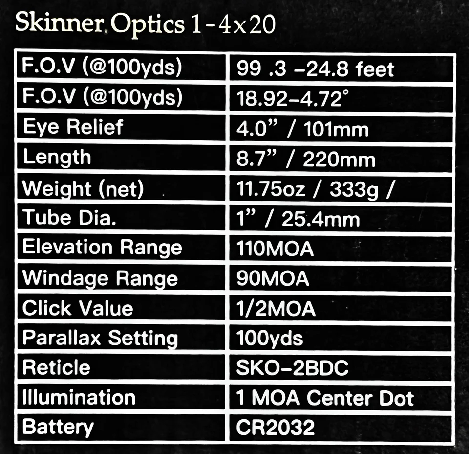 Skinner Scope 1-4X20 Red/Green Dot Illum